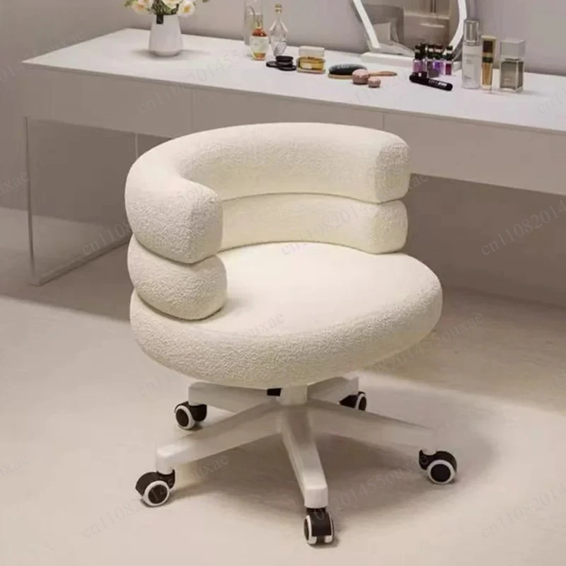 Lamb Wool Vanity Makeup Chair With Wheels Adjustable Backrest Home Dressing Armchair
