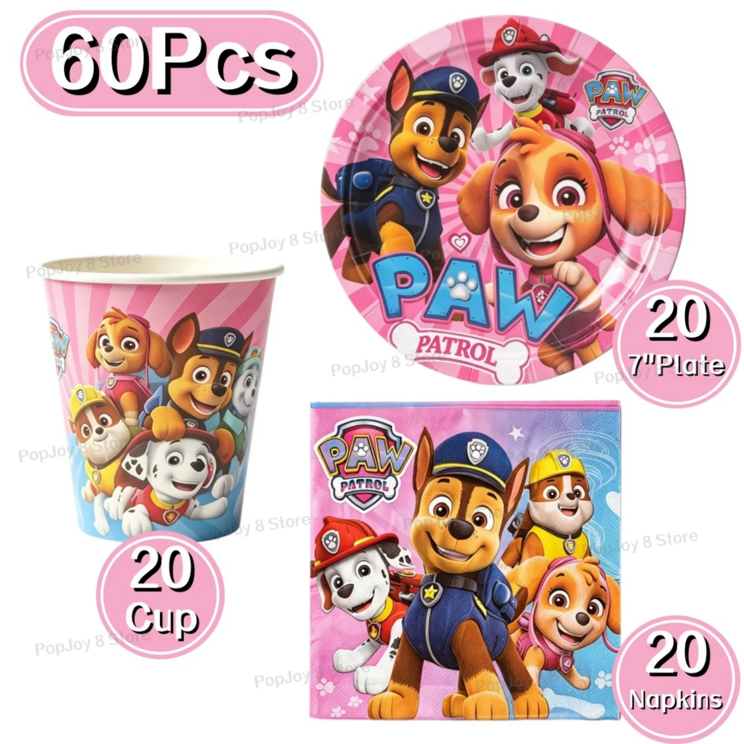 Set de vajilla desechable de Paw Patrol, 60 piezas, para fiestas de cumpleaños infantiles, platos de papel, vasos, servilletas, decoraciones para baby showers.