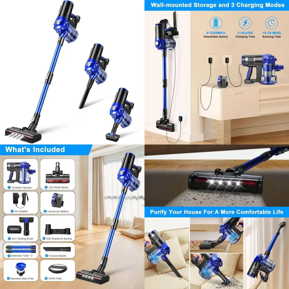 

Powerful 28KPa Cordless Vacuum with Brushless Motor, HEPA Filter, 3 Modes, Detachable Battery, 2-in-1 for Home and Pet Hair on H