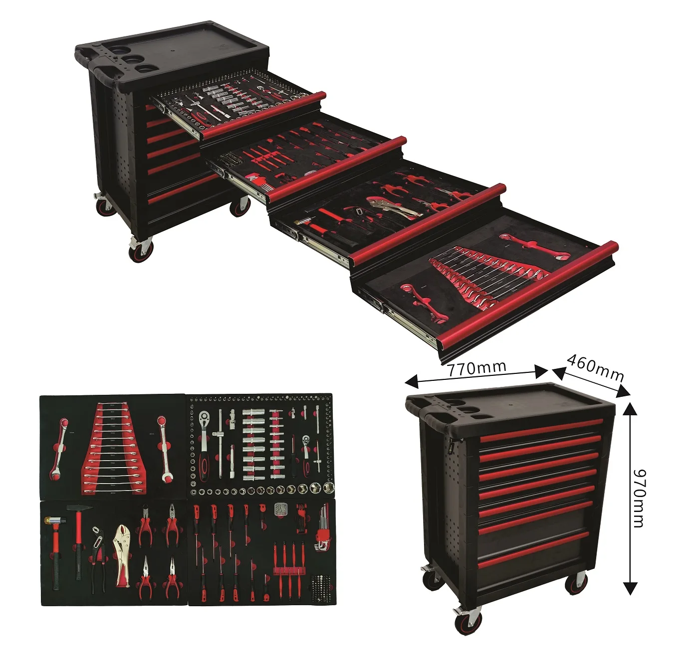 

7 Drawer Professional Large Mechanic Tool Cart Customizable OEM 290 Pcs Tools Set Roller Cabinet Trolley