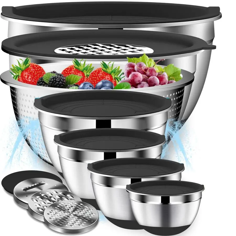 

Набор мисок с крышками, 16 предметов, из нержавеющей стали, с дуршлагом, 3 насадками-терками, нескользящим дном, металлические вкладываемые миски