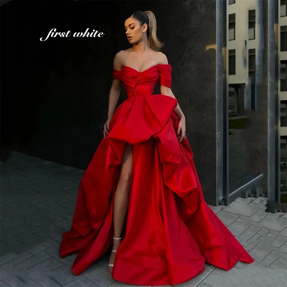 Customized Red A Line Prom Dresses Side Split Pleat Off the Shoulder Evening Dress V Neck Formal Dresses Stain فساتين الحفلات