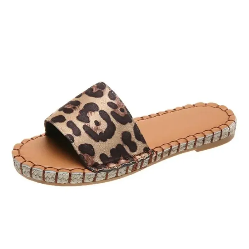 Women Sandals 2022 Summer New Women\'s Shoes Outer Wear Hemp Rope Leopard Print Flat Slippers Women Plus Size 43 Zapatillas Muje