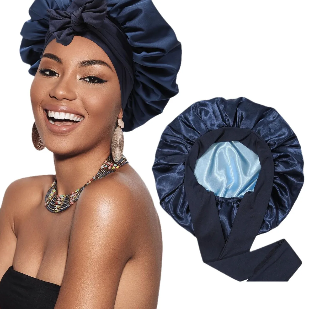 New Satin Double Layer Bonnet Solid Wide Tie Band Stretch Head Silky Bonnet Edge Wrap Nightcap Hair Care Shower Bonnet for Women 4