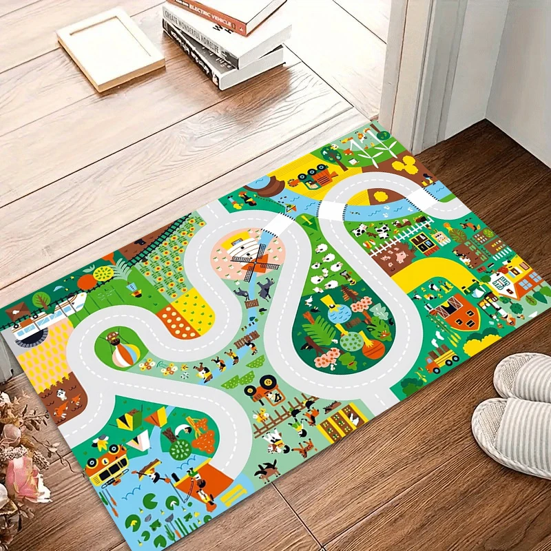 Kids Room Rugs Road Map Farm Door Mat Non-Slip Rug Washable Carpets for Living Room Home Decor Floor Mat for Children's Spaces