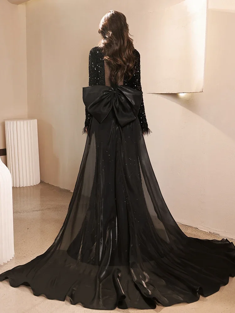 Vestidos formales para mujer, vestidos de noche elegantes con lentejuelas y lazo grande, vestido largo de sirena, vestidos de novia negros