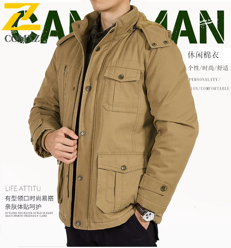 

2025 Winter Fleece Jacket Men's high quality Cotton Thick Warm Detachable Hat Parka Coat Outdoor Snow Hunting Cold-proof Coat