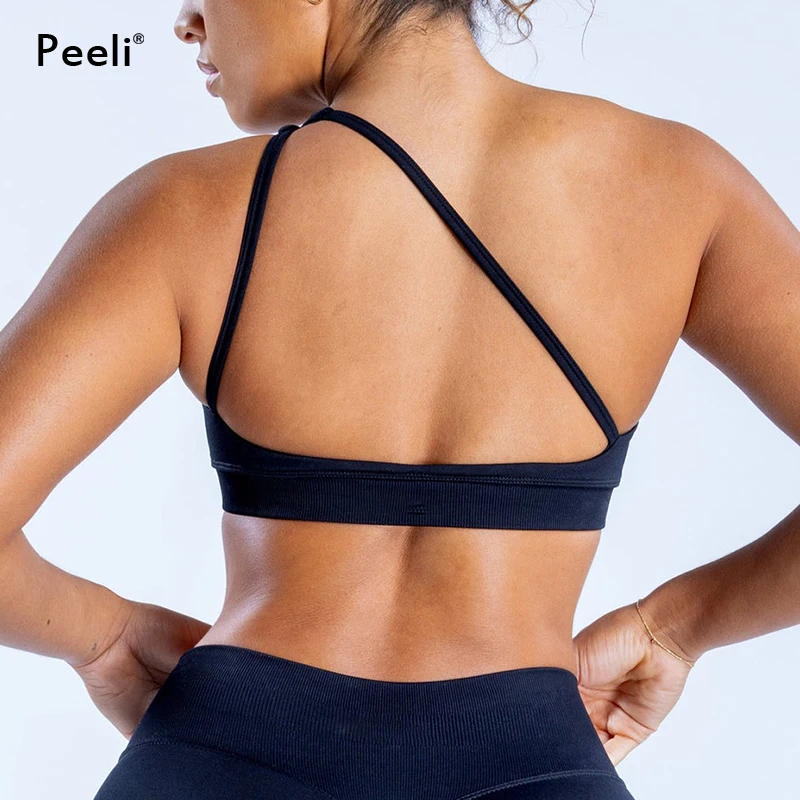 Impact Asymmetric Sports Bra Women Padded Yoga Bra Backless Gym Crop Top Seamless Workout Bras Fitness Single Strap Yoga Tops