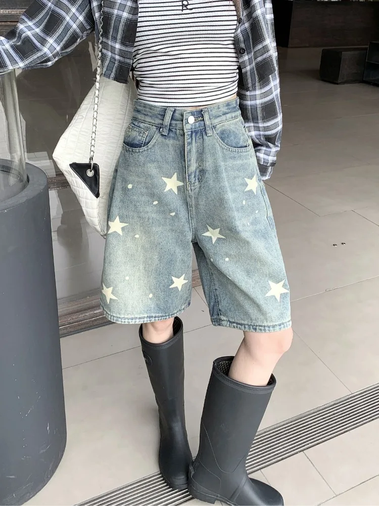 

Deeptown American Retro Streetwear High Waisted Cropped Pants Women Grunge Vintage Pockets Star Print Loose Jeans Spring 2025