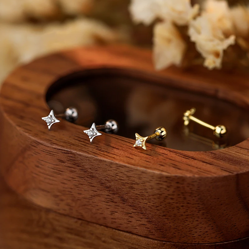 WANTME 925 Sterling Silver Mini Cute Sweet Star Screw Bead Stud Earrings for Women Fashion Ear Bone Piercing Accessories Jewelry