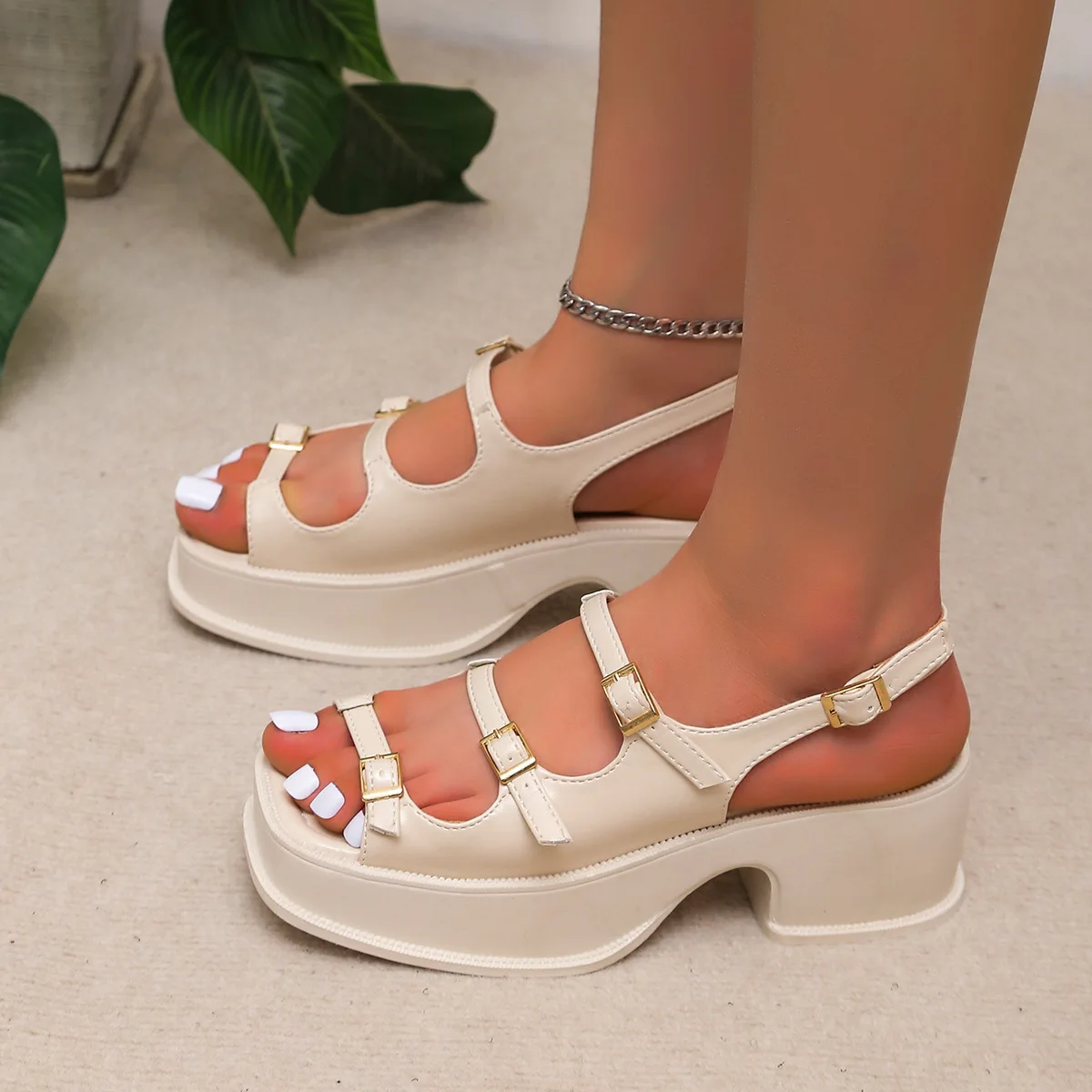 Roman Sandals Women\'s Summer Shoes Platform Open Toe Casual Sandales Femmes Buckle Thick High Heels Retro Sandalias De Mujer