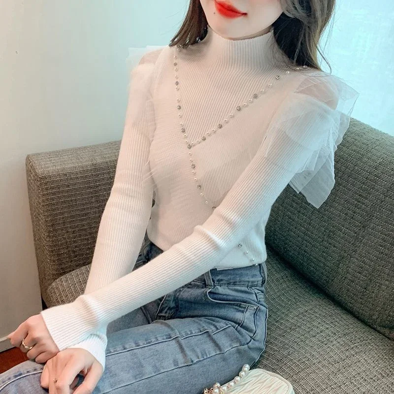 Autumn Winter New Off Shoulder Slim Pullovers Top Long Sleeve Net Yarn Patchwork Elegant Sweaters Korean Fashion Women Clothing