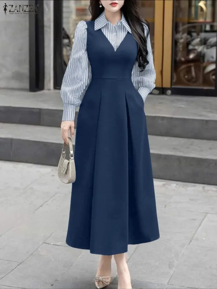 Zanzea 2025 mulheres vestidos longos outono manga longa listrado falso 2 peça camisas maxi robe moda elegante escritório festa vestidos