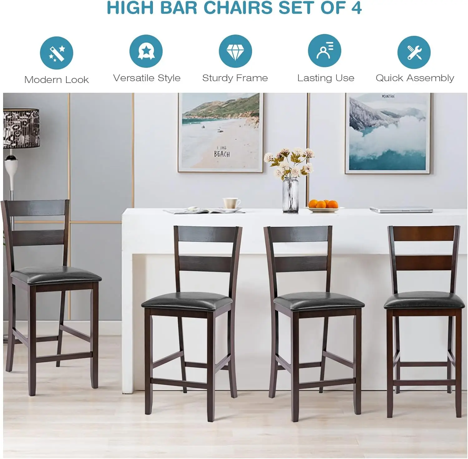 COSTWAY Set of 4 Bar Stools, 25” Counter Kitchen Dining Pub Chairs with Soft Padded Seat, PU Leather Cover & Rubber Wood