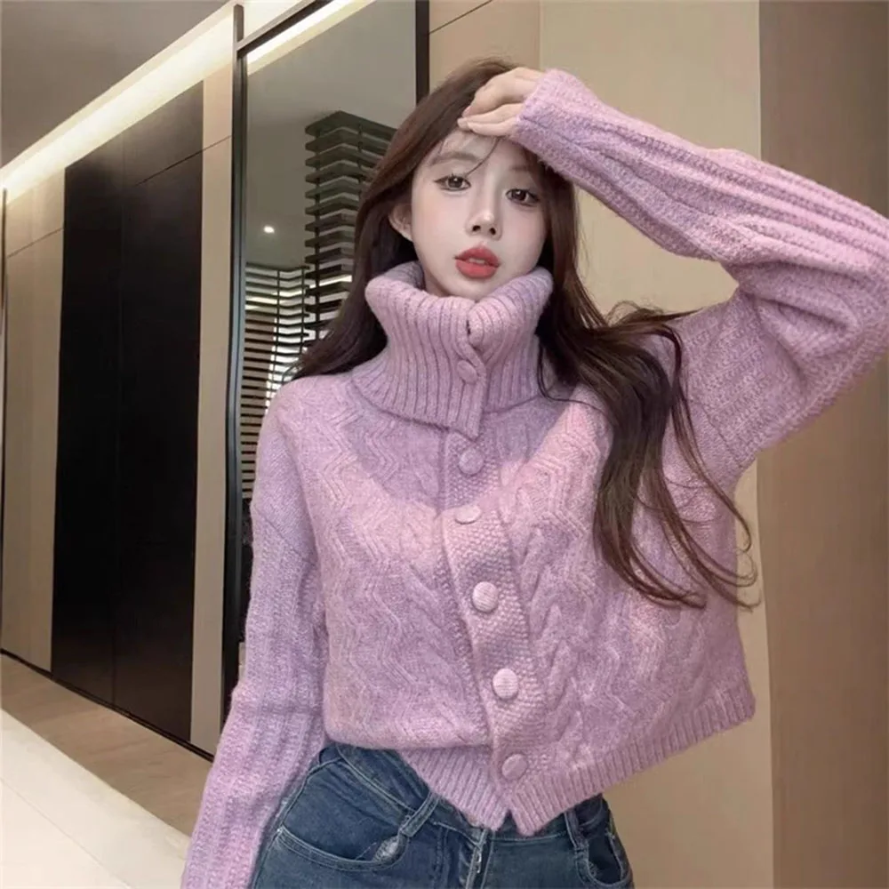 

Кардиган с высоким воротником, вязаный свитер, женский осенне-зимний новый свободный свитер с короткими рукавами, кардиган, пальто, маленький топ, трикотаж, женский