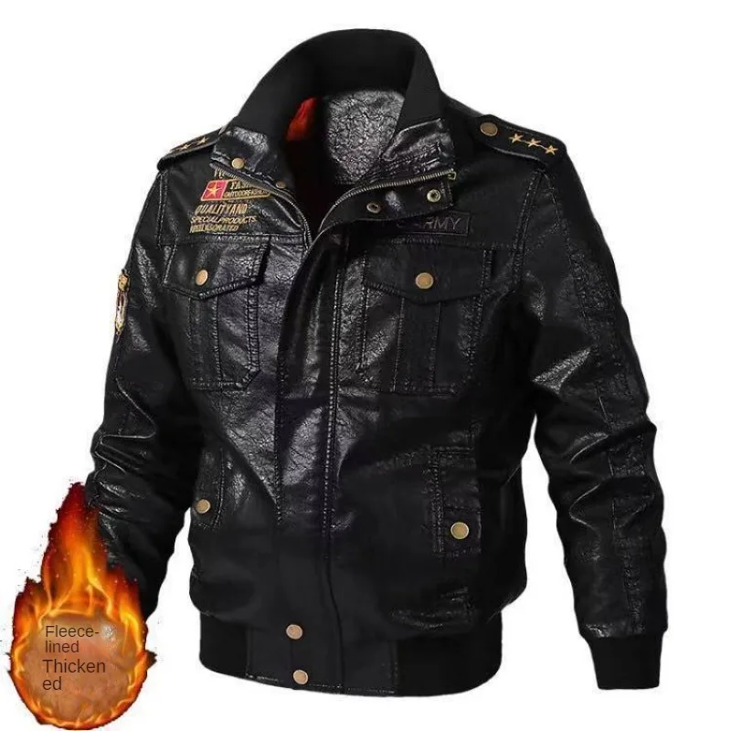 Mens Autumn Winter Motorcycle Leather Jacket Mens Casual Slim PU Leather Bomber Coats Outdoor Thicken Fleece Windbreaker Outwear