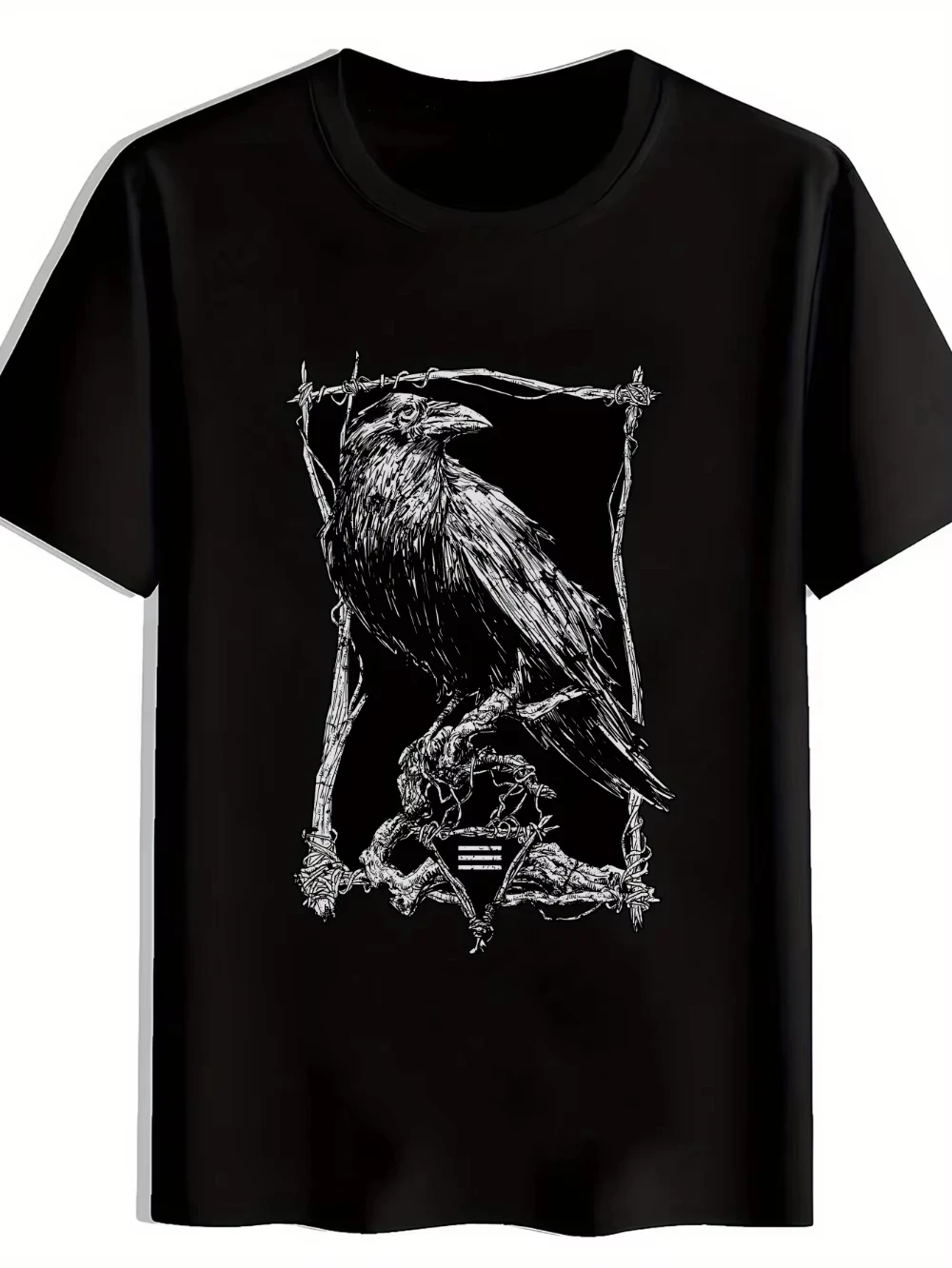 2027 Summer Men's Black Crow Branch Pattern Printed Round Neck T-shirt Casual Soft Breathable Short Sleeve Street Top