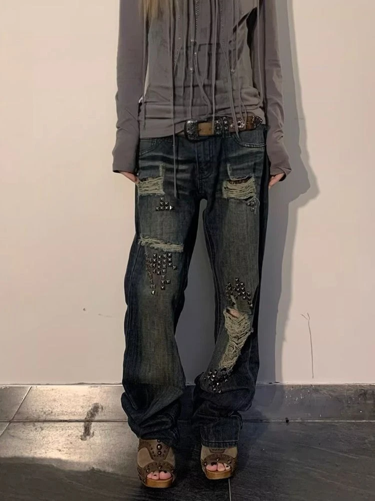 American Vintage Full-Length Jeans Ripped Lace Patchwork Hollow Out Y2k Retro Hot Girl Distressed Long Denim Pants Bodycon