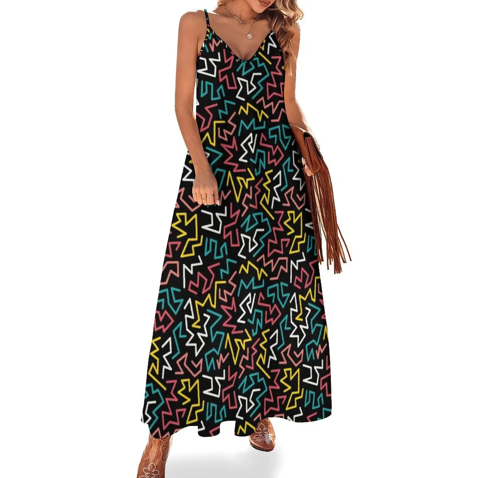 

Memphis dark pattern. Trendy geometric shapes 80s, 90s style. Sleeveless Dress long dress women evening dress ladies