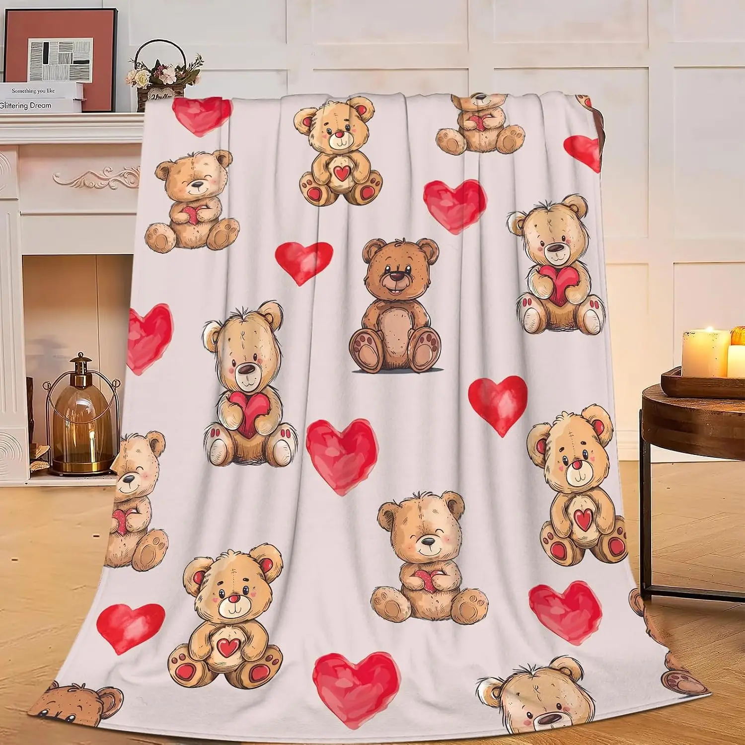Cartoon Teddy Bear Red Heart Light Beige Base Flannel Throw Blanket, Soft Warm Sofa Cover, Sweet Gift For Bedroom Daily Rest Use
