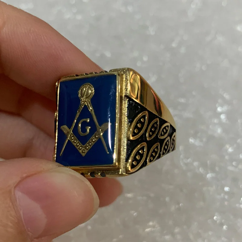 Men\'s Freemason Freemasonry Blue Enamel Gold Color Stainless Steel Masonic Ring for Men Jewelry