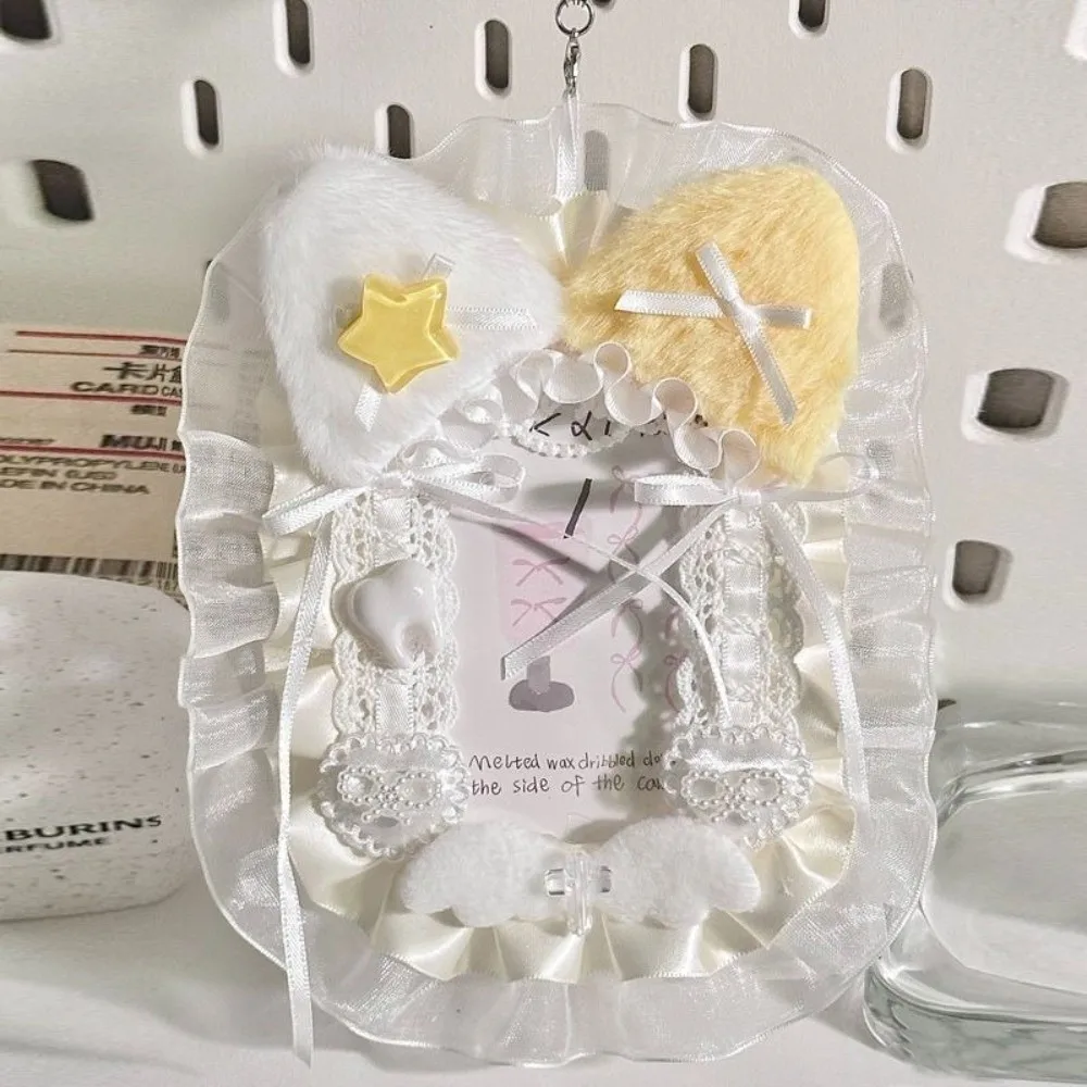 Lace Photocard Holder Cat Ear Shape Cute Bow Bag Charm Keychain Plush Protective Sleeve Photo Card Sleeve Decorative Ornament