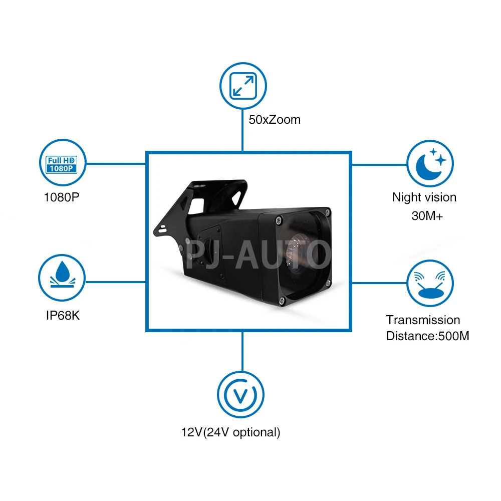 PJAUTO กันน้ํา 50x ซูมไร้สาย Tower Crane ระบบกล้อง Blind Spot Detection ด้านหลังไร้สาย Night Vision กล้องระบบ