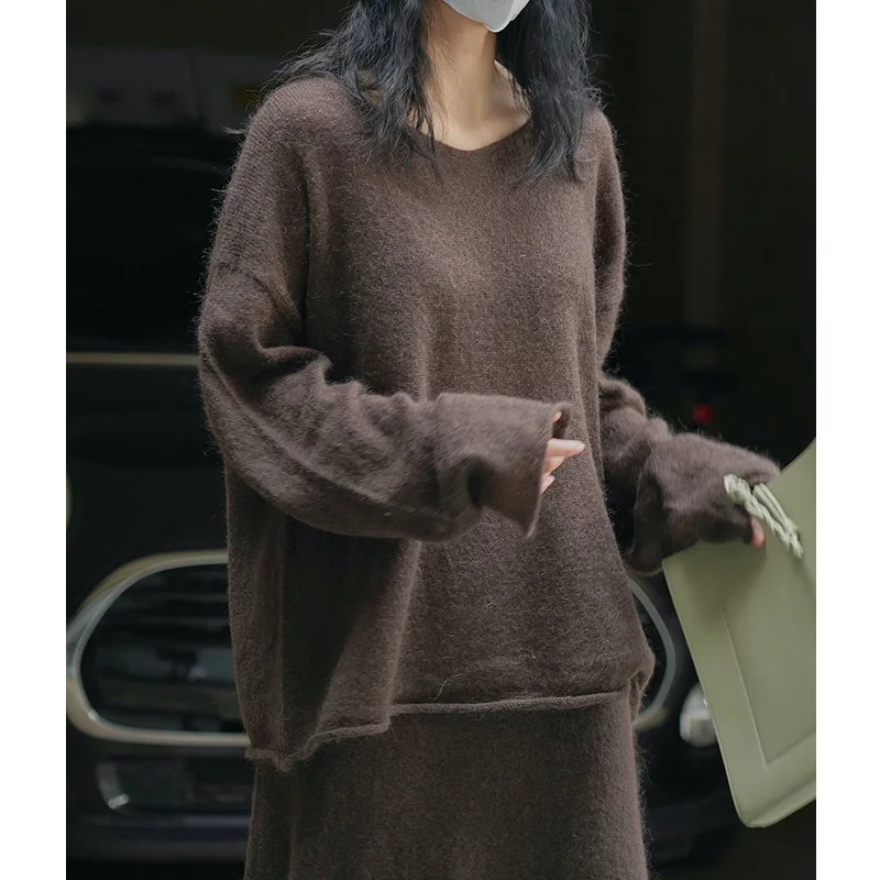 Women Solid Mohair Wool Sweaters Ladies Loose Long Sleeve Thin Knitwear 2024 Spring Autumn Korean Fashion Knitted Tops