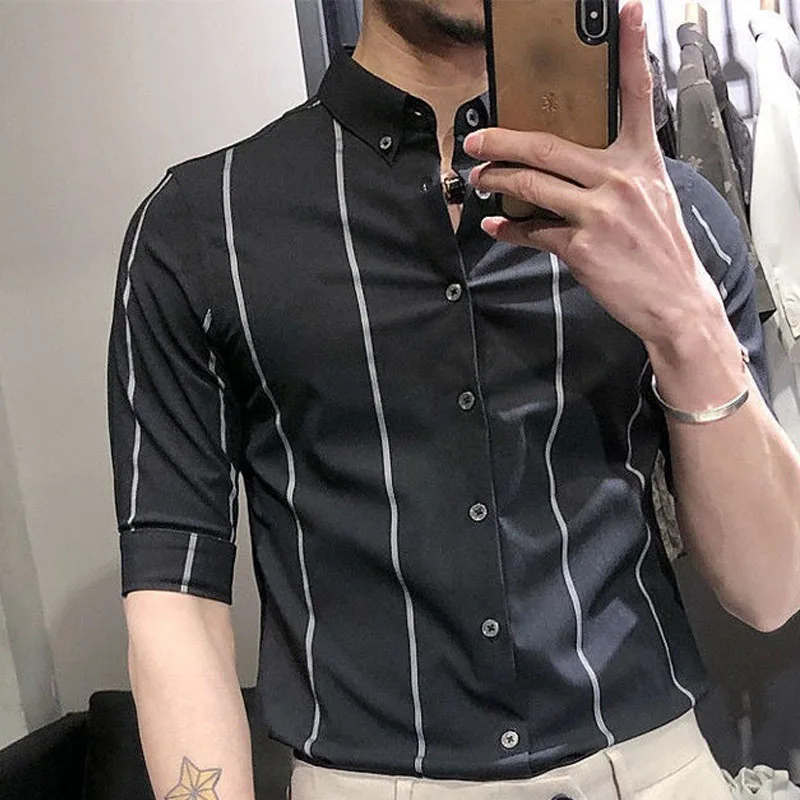 2023 Autumn Thin Fashion Trend Stripe Slim Fit Non Ironing Medium Sleeve Vertical Collar Versatile Style Business Men\'s Shirt