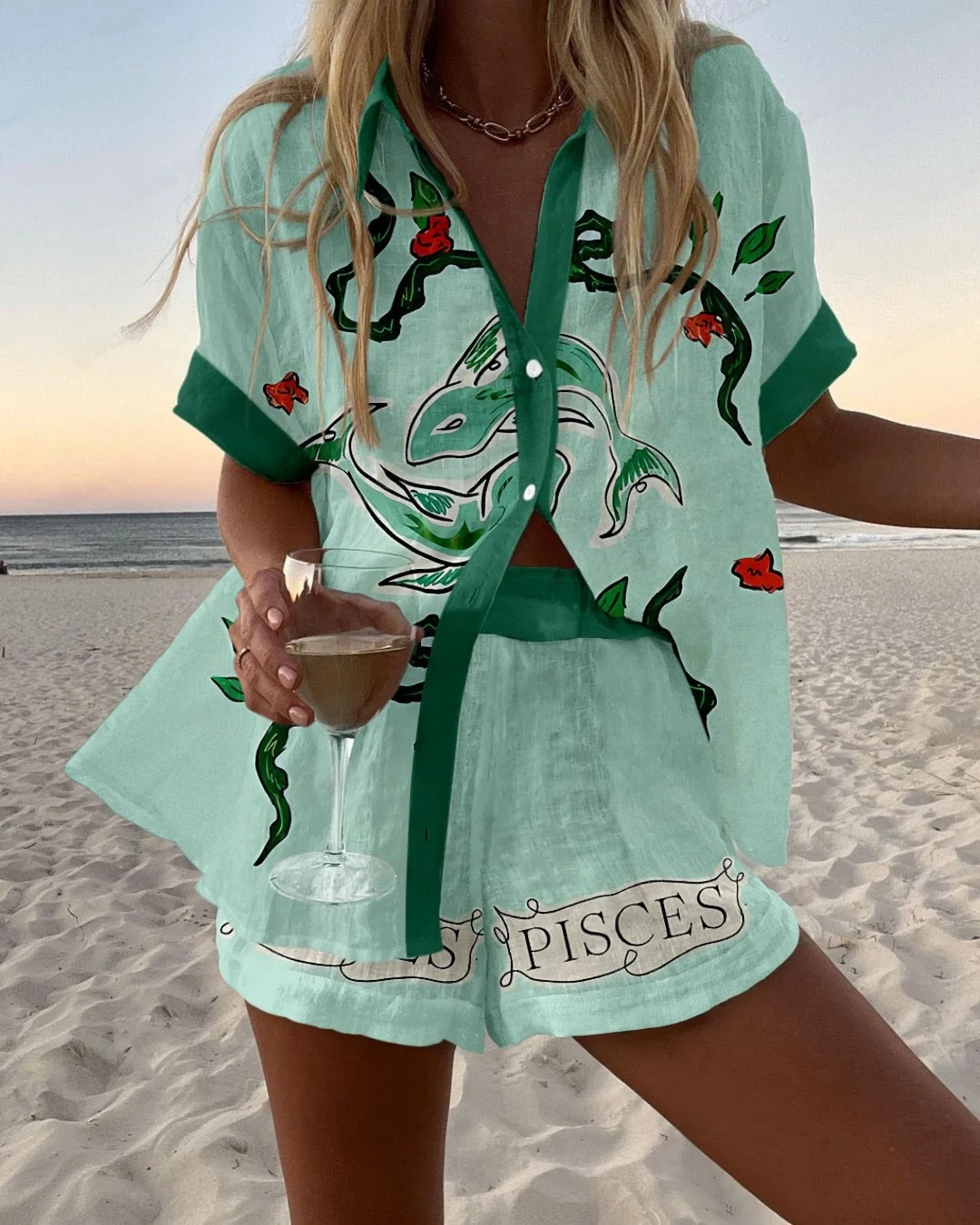 Mode frauen Strand Urlaub 2-Stück Anzug Sommer Print Kurzarm Hemd Breite Beine Kurze Lose Zwei-stück Sets Frauen Outfit