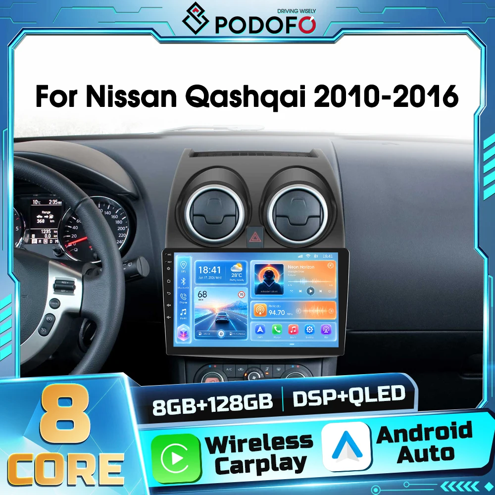Podofo 2din Lettore Multimediale Android per Auto Nissan Qashqai 2006-2016 con Carplay Wireless, Android Auto, GPS, WIFI, DSP, Bluetooth, FM, RDS, Autoradio