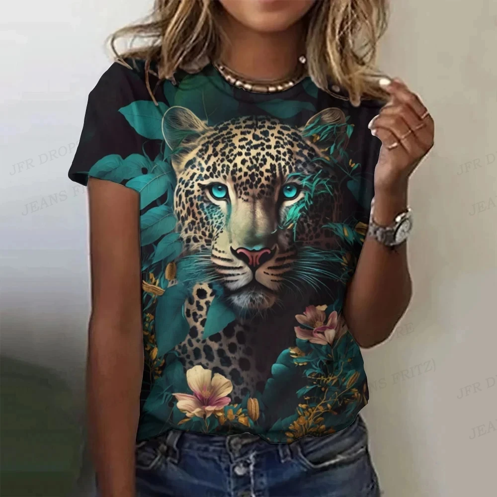 Vintage Women T-shirts 3d Tiger Print Crew Neck T-shirt Ladies Tops Women\'s Clothing Oversized Animal T Shirt Floral Tshirt Girl