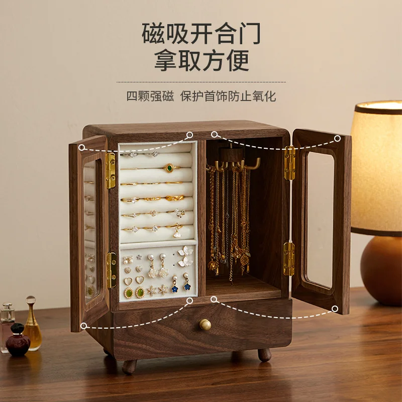 Шкатулка для драгоценностей, шкатулка для хранения, высококачественные изысканные украшения из цельного дерева, серьги, ожерелье, свадебный подарок в стиле ретро, многослойный ящик.