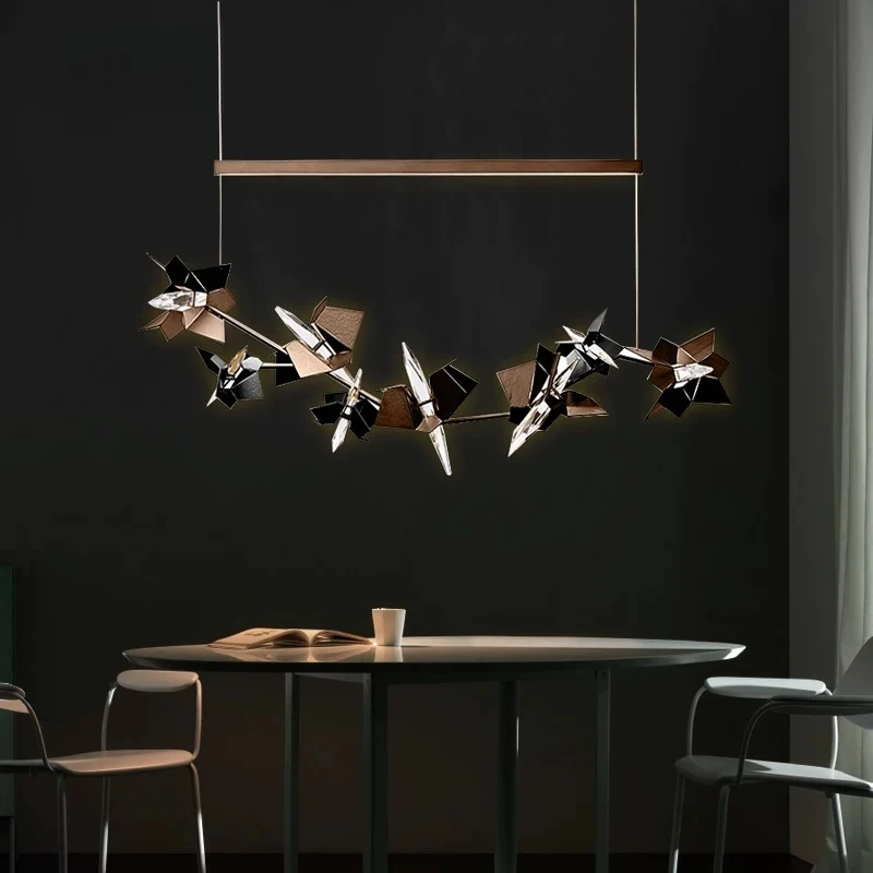 Light Luxury Origami Bird Shaped Linear Chandelier Modern LED Pendant Light with Crystal Elements Black Gold Frame Ceiling Lam