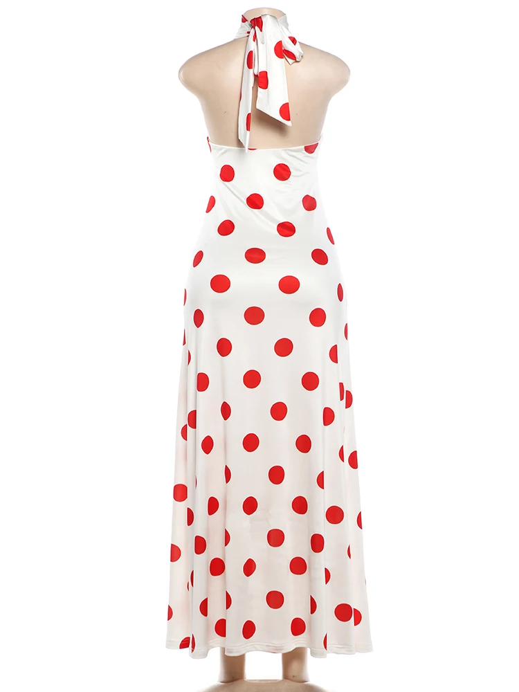 Weird Puss Sexy Rückenfreies Langes Kleid für Damen, Polka-Dot-Druck, Schnürung, Neckholder, Rollkragen, Ärmellos, Mitternachtsparty, Elegante Vestidos – Detail 5