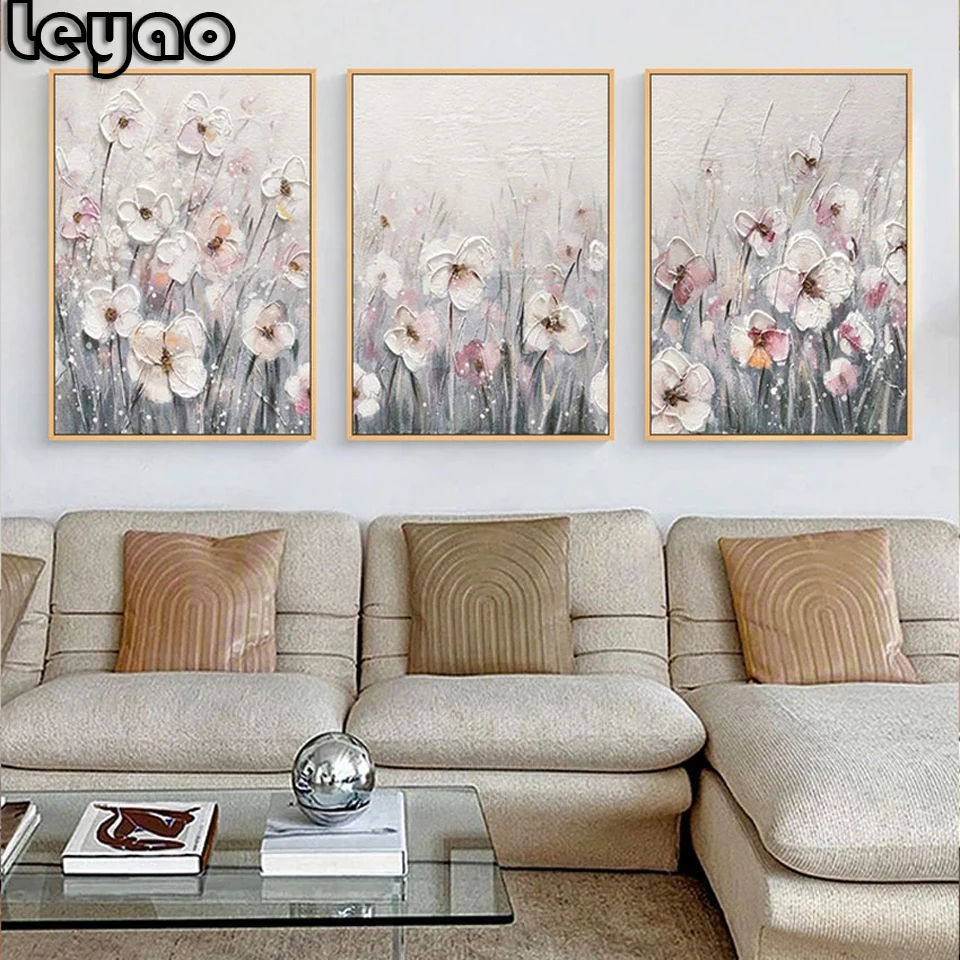 Pittura diamante Fiori bianchi rosa 3 pezzi Diamante pieno Ricamo Punto croce Mosaico Arte Decorazioni per la casa fai da te Trittico regalo