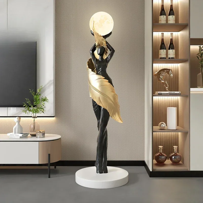 Portable Modern Abstract Feather Girl Art Sculpture Home Decor Ornament Large Size Figure Statue LivingRoom Floor Decor Resin Cr