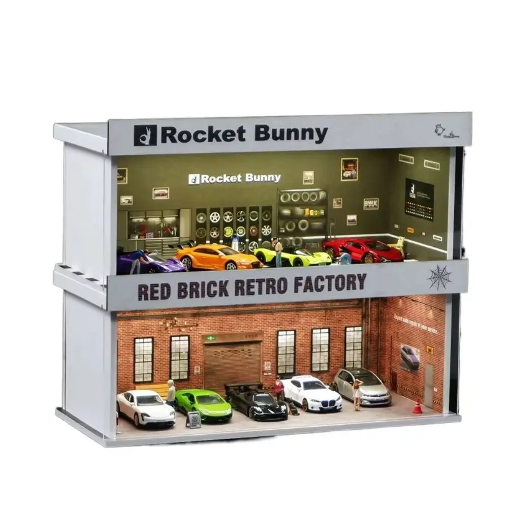 Model garażu w skali 1/64, wersja z oświetleniem, prosty montaż, model parkingu, miniaturowe miejsce parkingowe, model samochodu, pudełko ekspozycyjne.