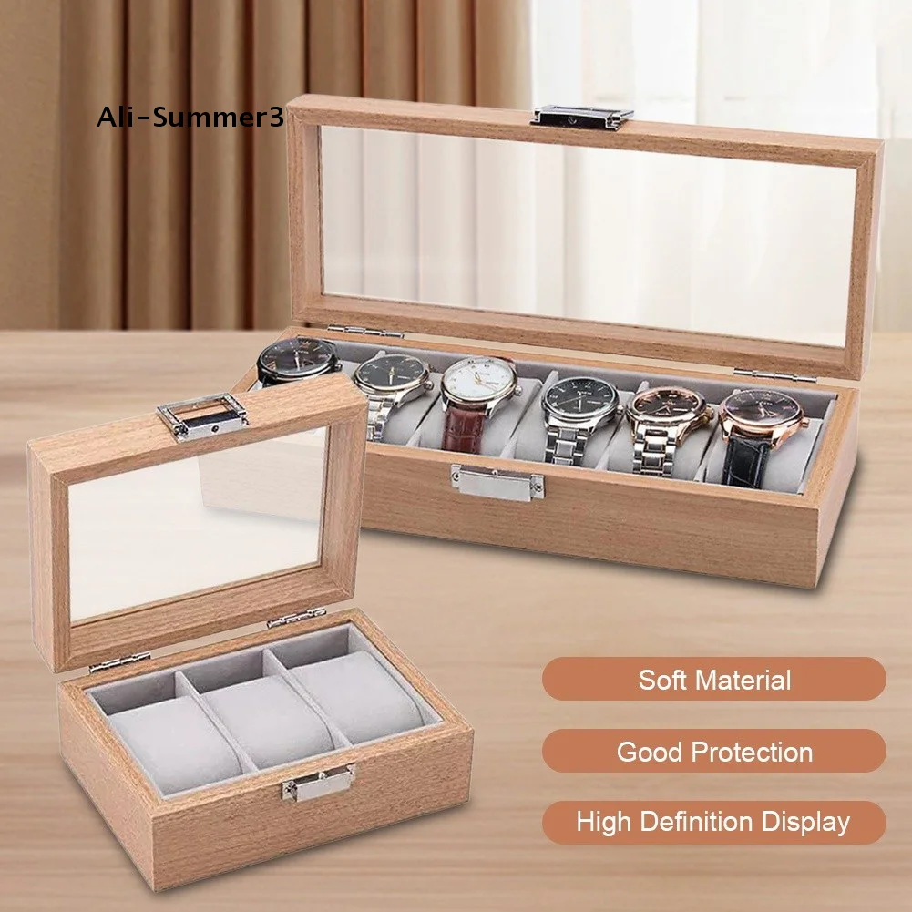 

3/6 сетчатый слот для часов, деревянная стеклянная коробка для часов, дисплей, ювелирные изделия, металлический замок, органайзер, деревянная коробка для хранения часов