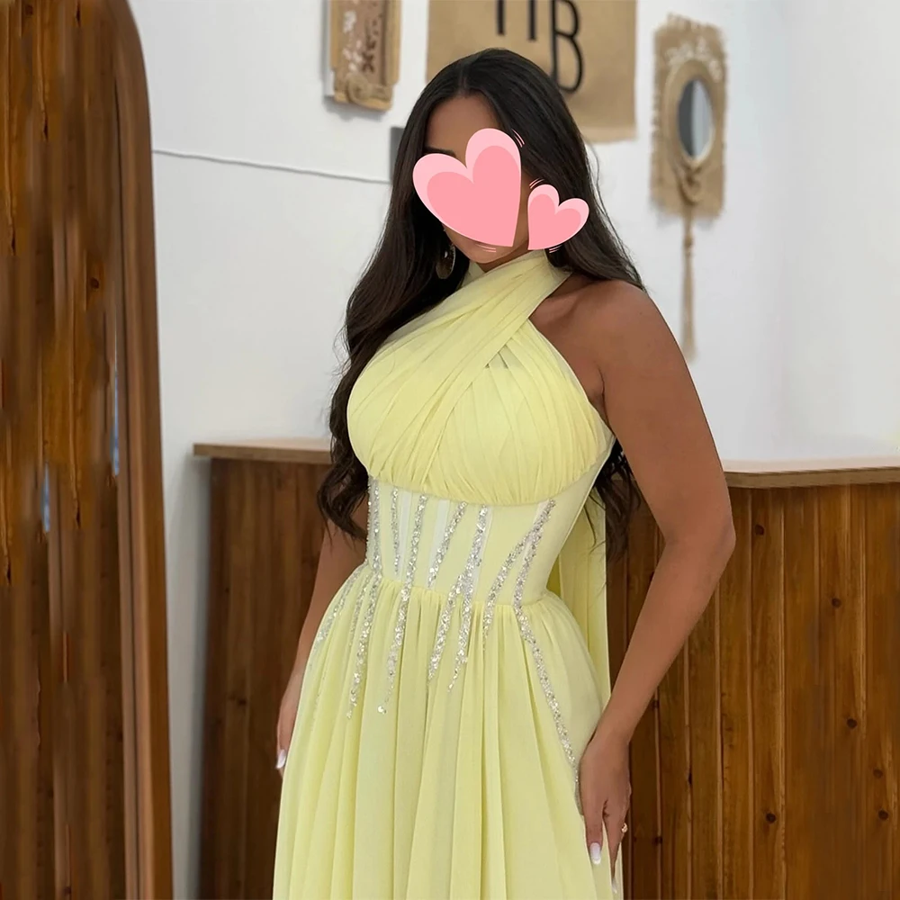 

Customized Exquisite Chiffon Sash Rhinestone Criss-Cross Pleat A-line Halter Long Dresses Evening Dresses High quality Fashion