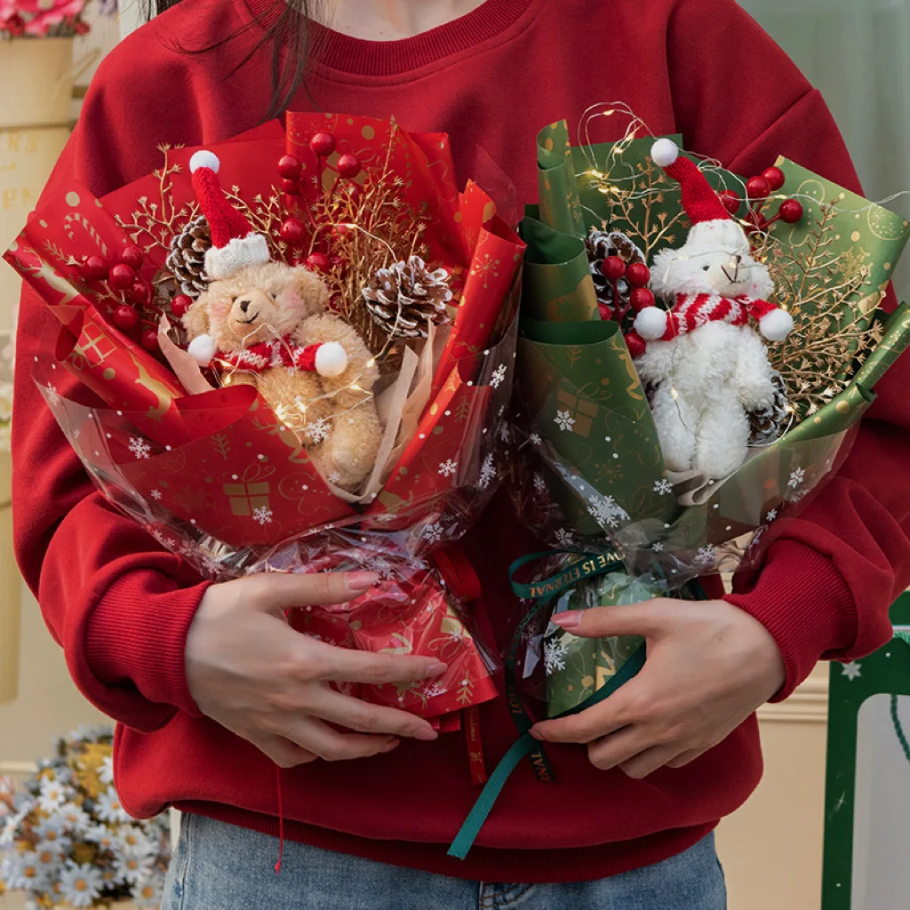 

Creative Artificial Flowers Christmas Hand Holding Bouquet Cute Bear Dolls With Lights String Set For Xmas Valentine's Day Gifts