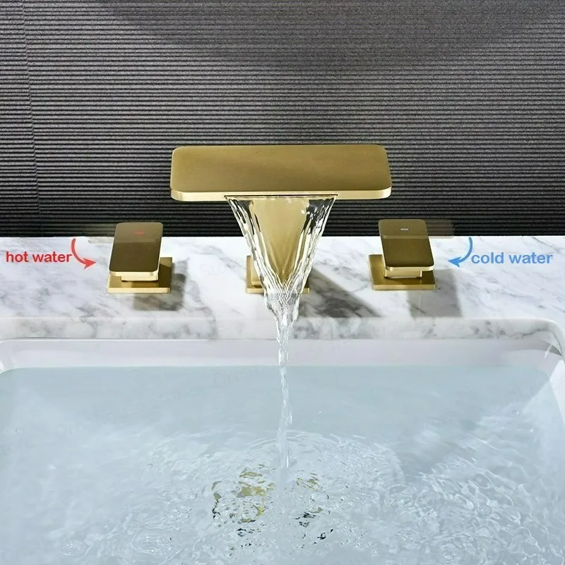 

Bathroom Three Hole Waterfall Basin Sink Faucet Hot and Cold Mixer Faucet Double Handle Bathroom Vanity Sink Faucet Gold