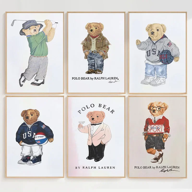 Stylish Playful Bear Art Poster Playing Sports Bear Canvas Painting Boys Bedroom Living Room Modern Home Decor Wall Art