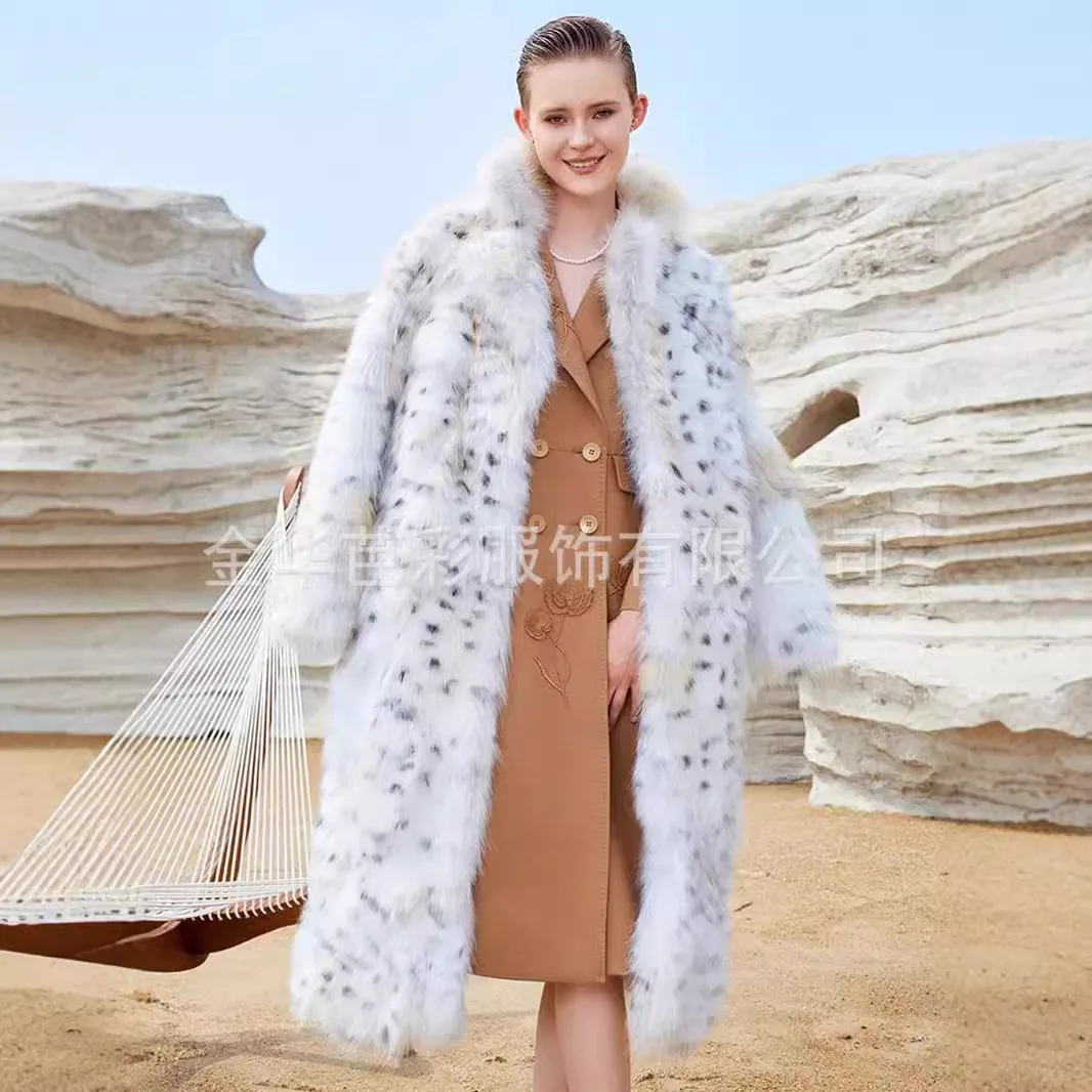 Luxury Winter Faux Fox Fur Coat Women's Stand-up Collar Leopard Print Casual Fashion Warm Long Fur Coat Soft Fluffy Jacket Trend