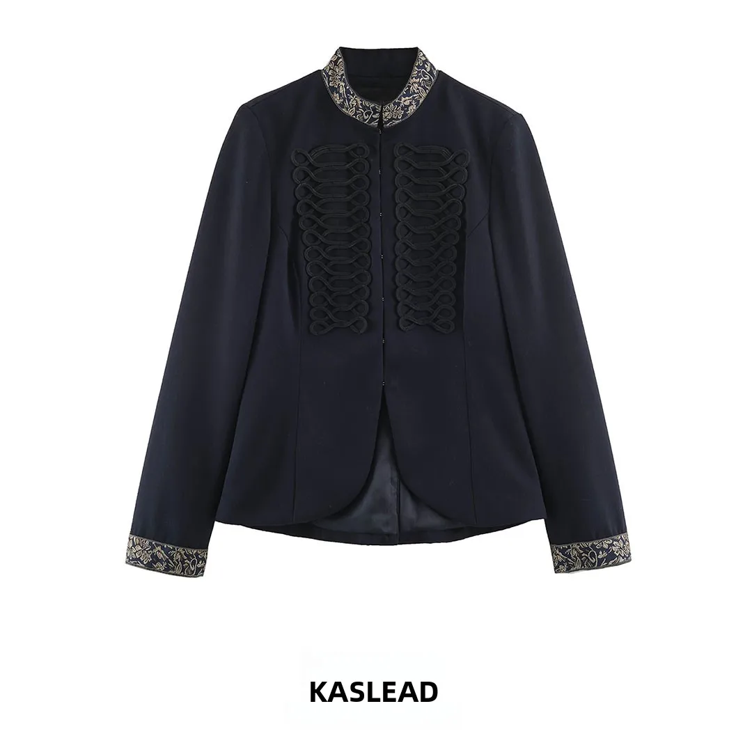 KASLEAD New Women's Fashion Mixed Media Embroidered Rope Knot Color Block Coat Long Sleeve Button up Polyester Outerwear