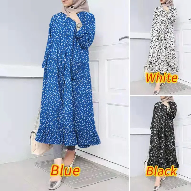 Muslim Printed Long Sleeved Dress, Round Neck, Button access Pocket, Ruffled Hem, Large Hem, Long Skirt and Robe, New