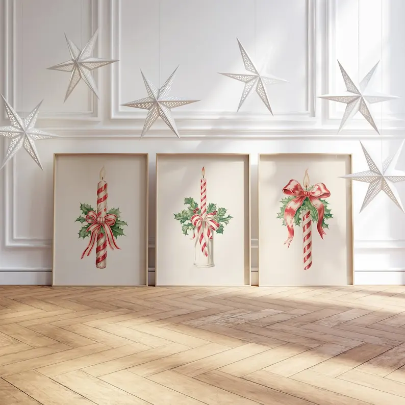 3 teile/satz Weihnachten Kerze Kunst Leinwand Druck Zuckerstange Urlaub Weihnachten Wand Kunst Poster für Moderne Wohnzimmer Wohnkultur