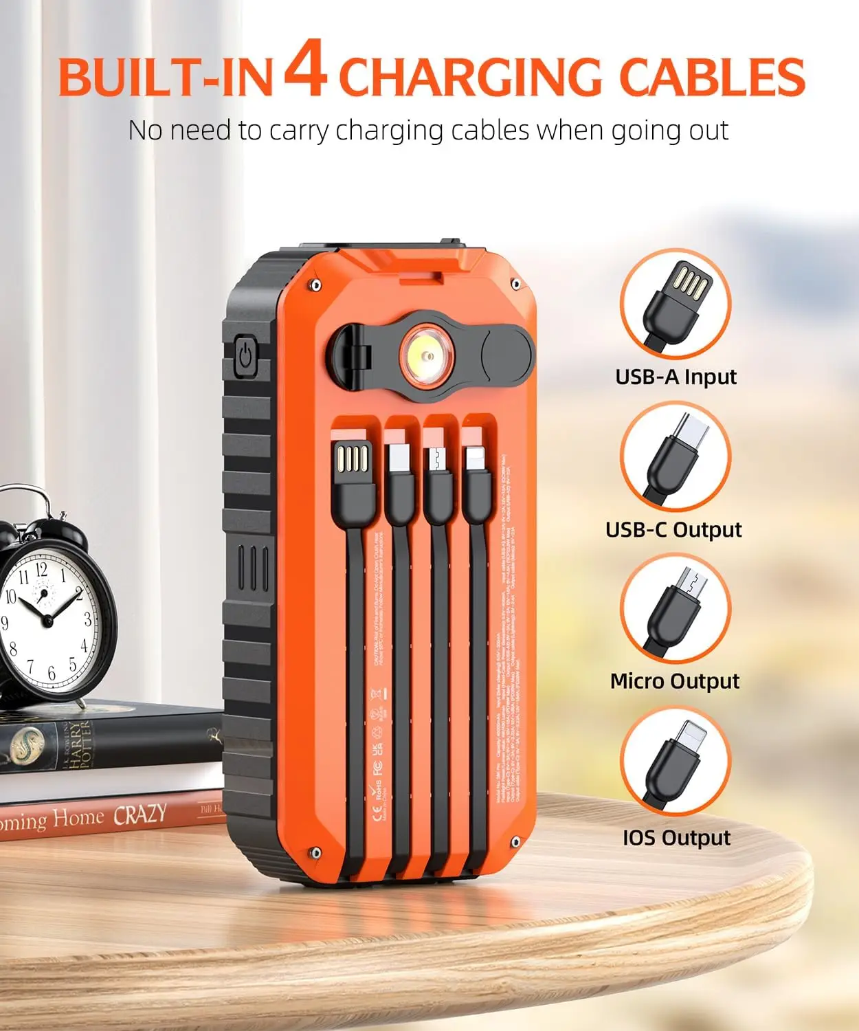 شاحن بالطاقة الشمسية باور بانك 40000 مللي أمبير مدمج في 4 كابلات وكرنك يدوي، شاحن محمول 6 مخرجات و4 مدخلات حزمة بطارية خارجية #2