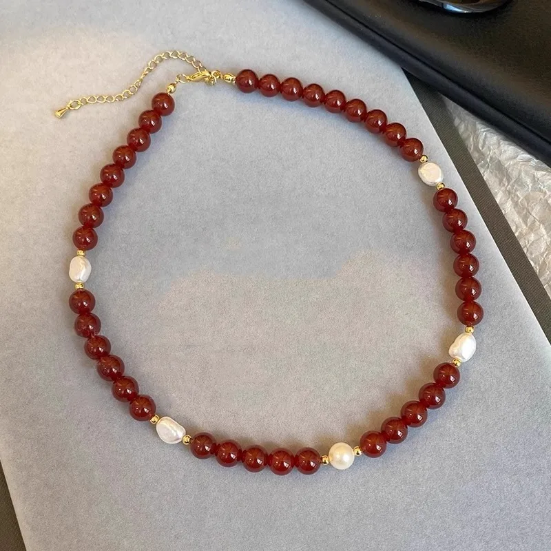 100 % natürliche Süßwasserperle und roter Achatstein, 14 Karat Gold gefüllt, weibliche Perlen, Kette, Halskette, Schmuck für Frauen, Geburtstagsgeschenke – Detail 6