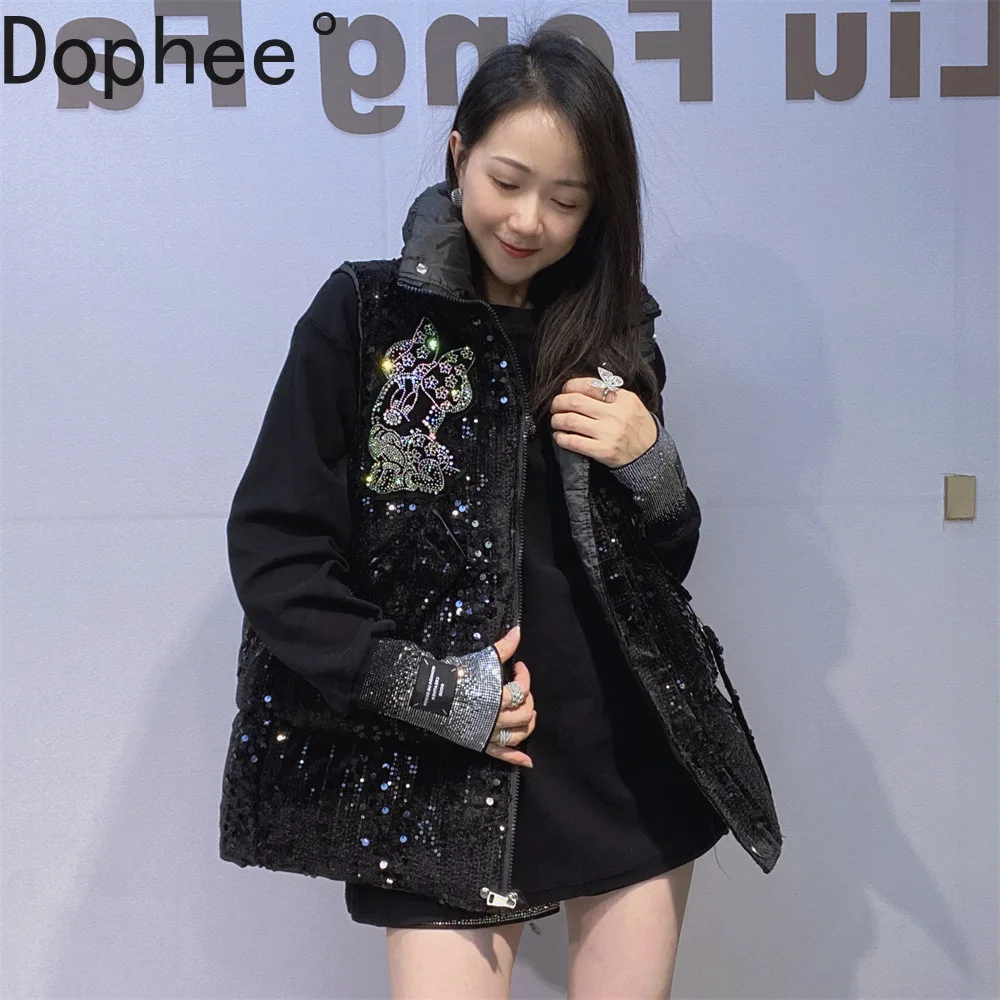 

Ватная куртка без рукавов большого размера с блестками, модная осенне-зимняя куртка с воротником-стойкой на молнии, свободный жилет с Микки и бриллиантами, жилеты, пальто